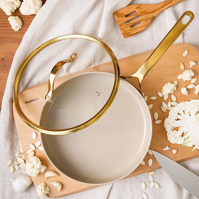 bloomhouse - Oprah's Favorite Things - 10 Inch Heavy Duty Aluminum Premium PFA Free Ceramic Nonstick Saute/Deep Frying Pan Skillet with Lid - Almond Cream w/Gold Handle