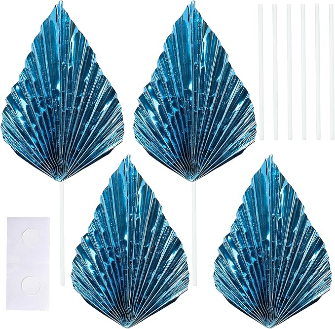 Gyufise 6Pcs Paper Palm Fan Cake Toppers Palm Spear Leaves Fan Cupcake Toppers Cake Insert Decorations Craft DIY Cake Bakeware Decoration for Birthday Party Wedding Party Decor Supplies Light Blue