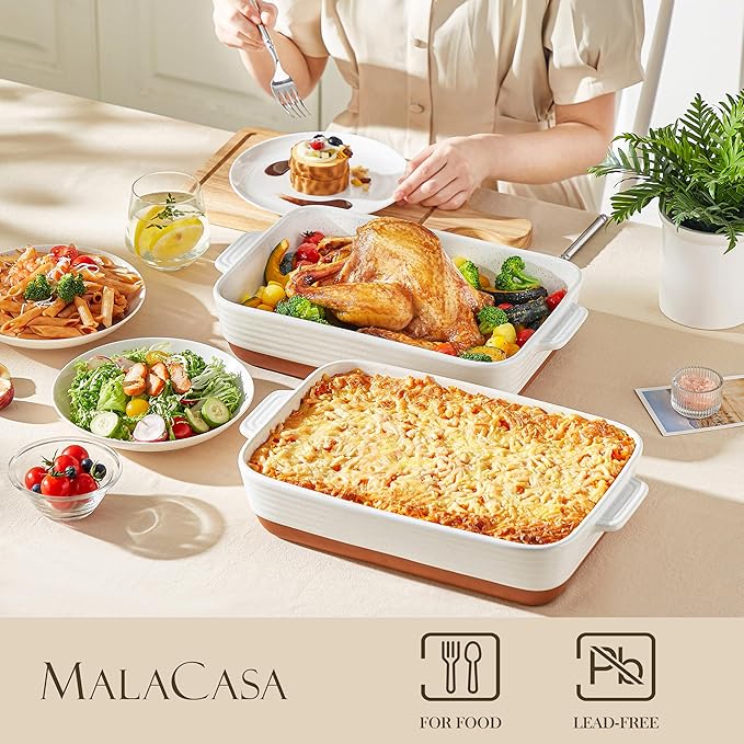 MALACASA Baking Dish 4.8 Qt Ceramic Casserole & Lasagna Pan, 9x13 Inch Deep Rectangular Oven Safe Dish with Handles for Baking, Roasting, Serving (Khaki & White) - Series Tara