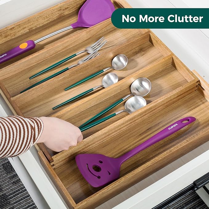 Utoplike Acacia Kitchen Drawer Organizer Expandable, Large Utensils and Cutlery Tray, Adjustable Silverware Divider for Knives Flatware