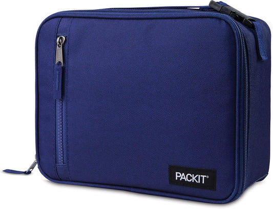 PackIt Freezable Classic Lunch Box, True Blue, Built with ECOFREEZE Technology, Collapsible, Reusable, Zip Closure With Front Pocket and Buckle Handle, For Work Lunches and Fresh Lunch On the Go