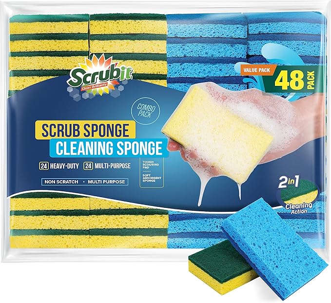 SCRUBIT 48 Pack Kitchen Sponges Dish Sponge for Washing Dishes, Kitchen & Bathroom – Blue & Yellow Dishwashing Sponges Along with A Thought Scrubber – Bulk Cleaning sponges Kitchen (Blue, Yellow)