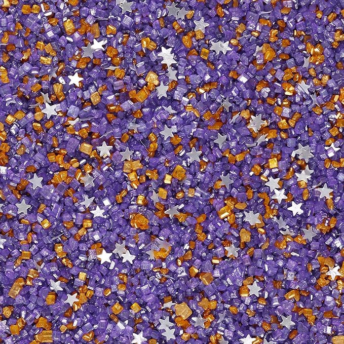 Sanding Sugar Edible Silver Glitter Stars Mix, Edible Purple Gold Sugar Sprinkles for Cake Decorating, Cupcake Toppers Cookie Decorations For Wedding Party Celebrations 3.5oz
