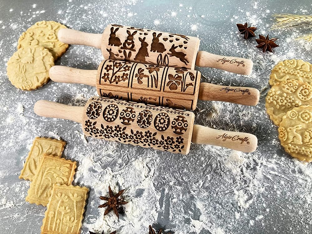 EASTER 3 Mini Embossed Rolling Pin Set. Wooden Laser Cut Embossing Rolling Pins for Embossed Cookies. Easter, Rabbit, Egg, Chicken, Spring, Flowers from Algis Crafts