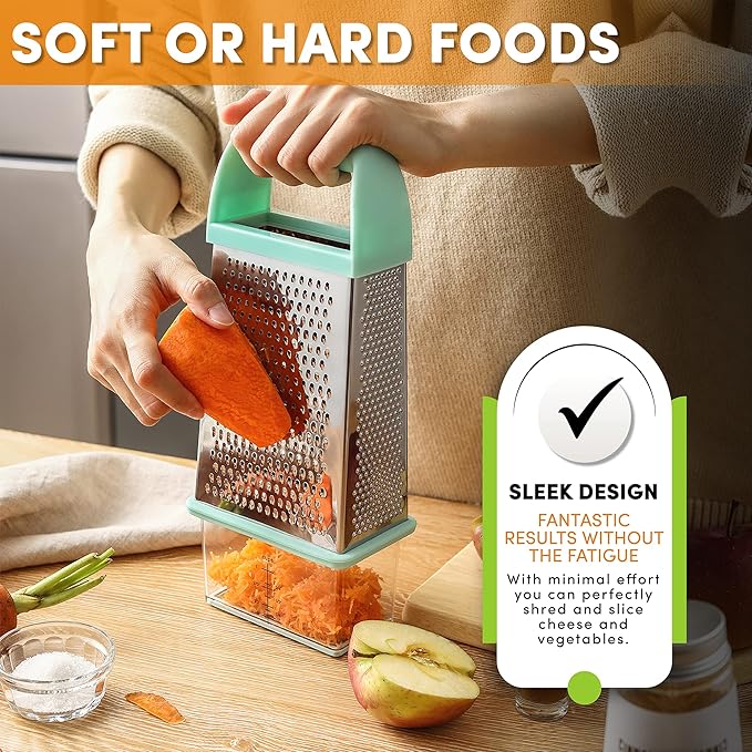 Spring Chef Professional 10" Parmesan Cheese Grater With Container, Stainless Steel & Soft Grip Handle, Handheld Kitchen Cheese Shredder, Box Grater with 4 Sides for Potato, Carrot, Veggie - Mint