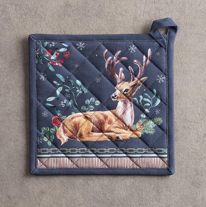 Maison d' Hermine Pot Holders 100% Cotton Heat Resistant Potholders 8" x 8" Hot Pads with Loop BBQ, Cooking, Baking, Grilling, Kitchen, Handling Hot Pans (Pack of 1, Christmas Joy)