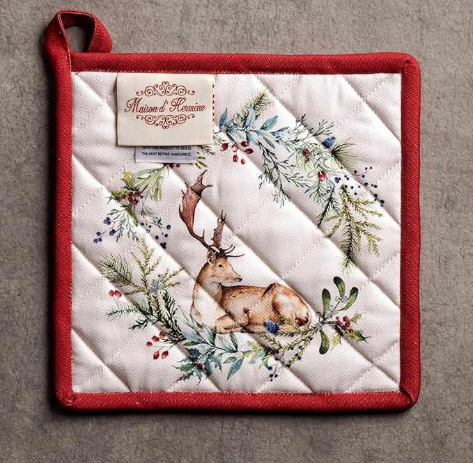 Maison d' Hermine Pot Holders Set 100% Cotton Heat Resistant Potholders 8" x 8" Hot Pads with Loop BBQ, Cooking, Baking, Grilling, Kitchen, Handling Hot Pans (Pack of 2, Holly Time)