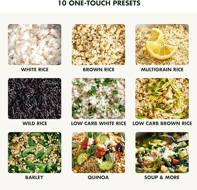 GreenPan Rice Cooker, 8 Cups Cooked (4 Uncooked), Low-Carb & Soup Mode,10 ONE-TOUCH Cooking Presets, PFAS-Free Ceramic Steamer Basket, Fuzzy Logic, Auto Keep Warm, Oats, 24HR Delay Timer, Cream