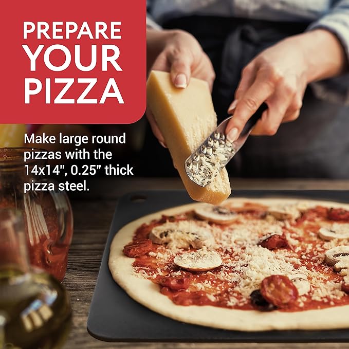 IMPRESA Pizza Steel for Oven - 14 x 14 x 0.25 in Black Carbon Steel - Fast Heat Retention for Crispy Crust - Nonstick Surface with Pizza Stone & Pan Performance