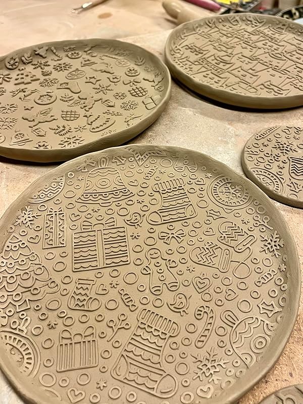 CHRISTMAS FEST 3 Mini Embossed Rolling Pin Set. Wooden Laser Engraved Textured rolling pins for Cookies, Modeline, Ceramic with Skulls, Bats, Halloween by Algis Crafts