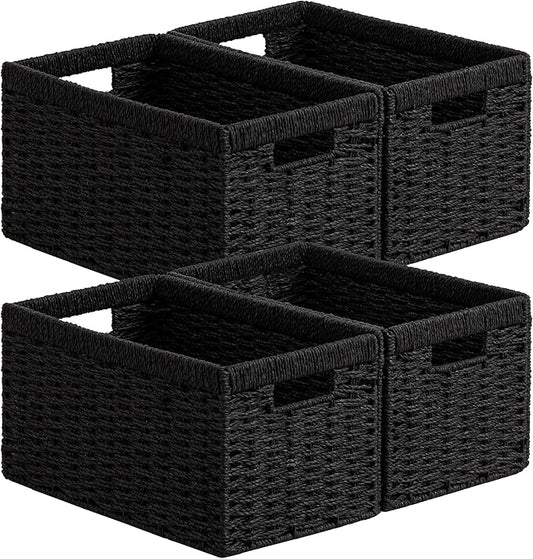 UBBCARE 4 Pack Wicker Basket, 13.4L×8.3H×7.1W inch Woven Paper Rope Storage Baskets for shelves, Foldable Rectangular Storage Baskets with Handle, Storage Basket for Organizing, Black