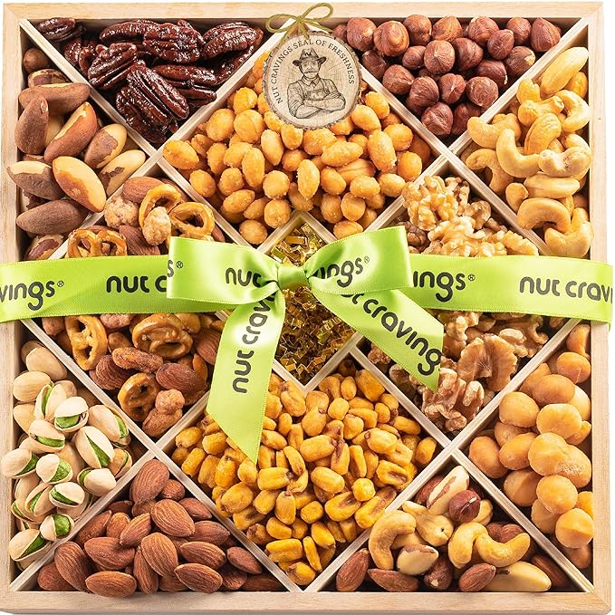 NUT CRAVINGS - Mixed Nuts Gift Basket in Reusable Diamond Wooden Tray + Green Ribbon (12 Assortments) Food Arrangement, Healthy Snack Care Package, Food Assortments