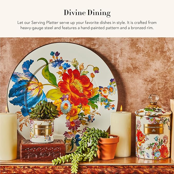 MACKENZIE-CHILDS Enamel Serving Platter, Decorative Serving Platter for Food, 16 Inches, White Flower Market