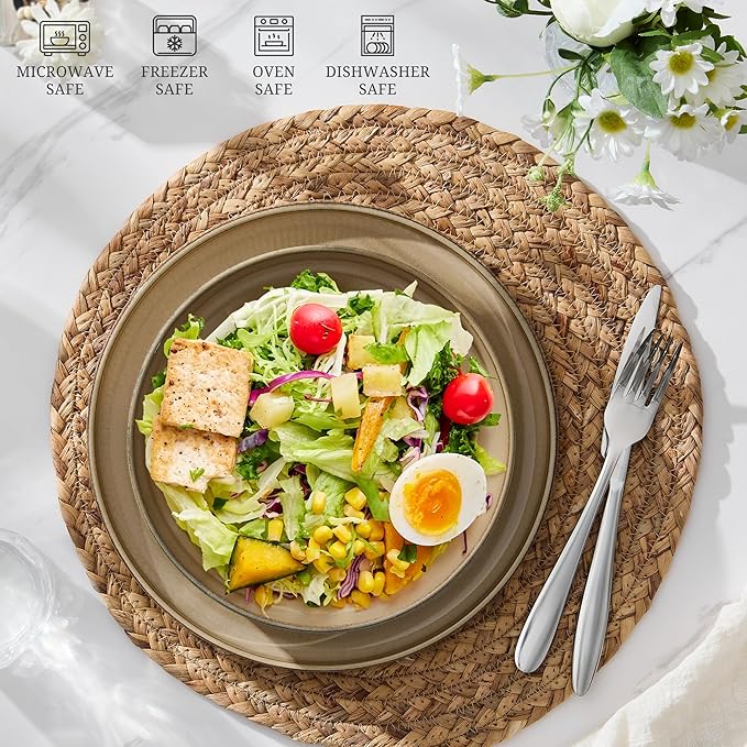 E-far Pasta Bowls Set of 4, 35oz Large Salad Bowl Plate for Dinner Serving, Wide & Shallow Ceramic Stoneware Pasta Plate, Microwave & Dishwasher Safe, Reactive Glaze Textured Stripe, Caramel Khaki