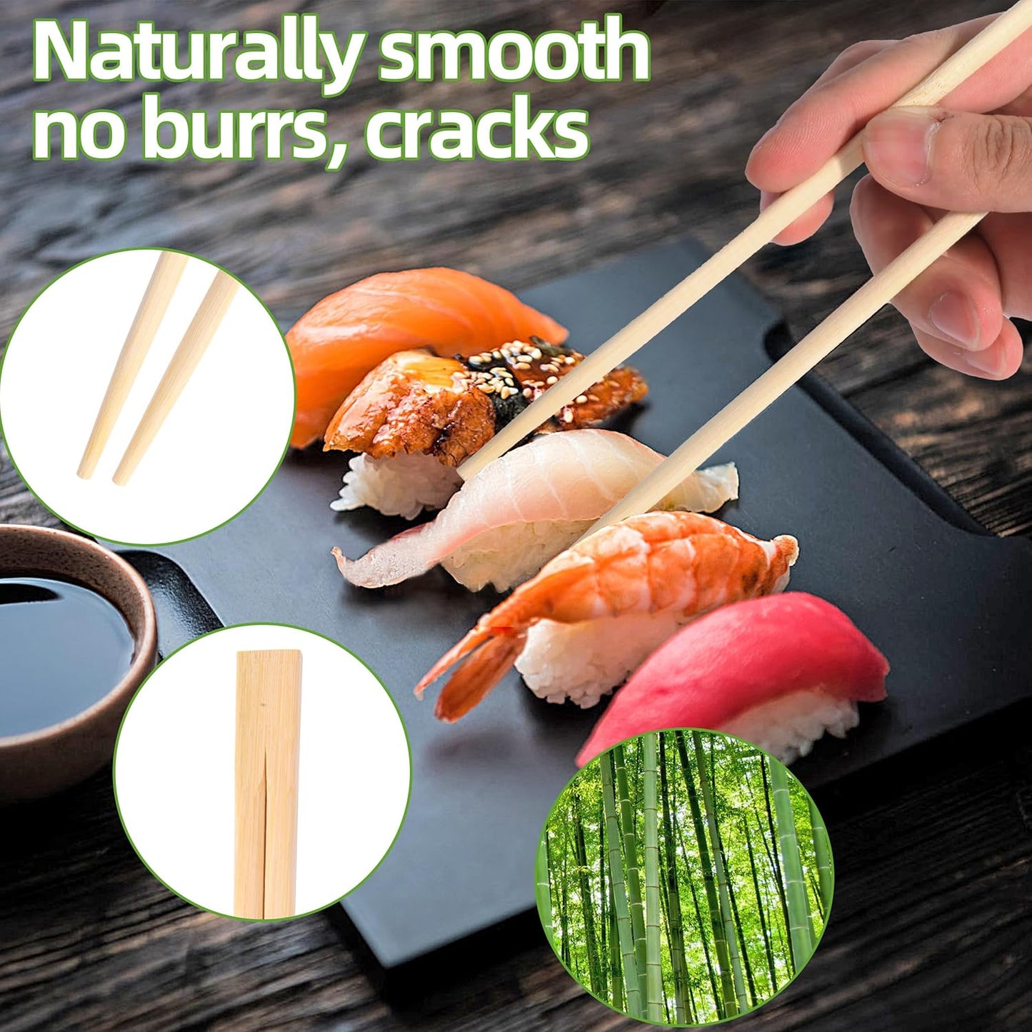 Disposable Bamboo chopsticks (50PAIRS) Sturdy Smooth,Individually Wrapped Wooden Chopsticks Best for Korean Japanese Sushi & Asian Dishes,chopsticks surface smooth without debris.