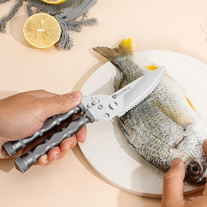 WILDMOK Heavy Duty Poultry Shears - 8.5 Inch Multi-function Stainless Steel Poultry Outdoor Shears, Ultra Sharp Kitchen Scissors for Outdoor Camp, Grey