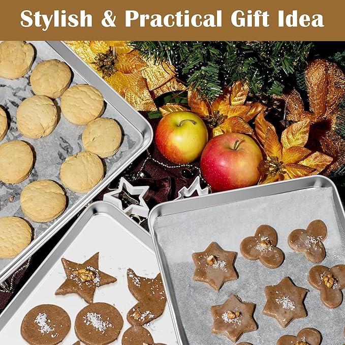 E-far Baking Sheet with Wire Rack (2 Pans + 2 Racks), Stainless Steel Cookie Sheets Pan & Cooling Rack for Baking Cookies Cake, Non Toxic & Heavy Duty, Oven & Dishwasher Safe, 12.4 x 9.7 x 1 Inch