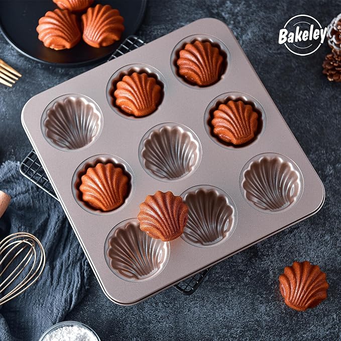 Madeleine Mold Cake Pan, 9-Cavity Non-Stick Spherical Shell Madeline Bakeware for Oven Baking (Champagne Gold)
