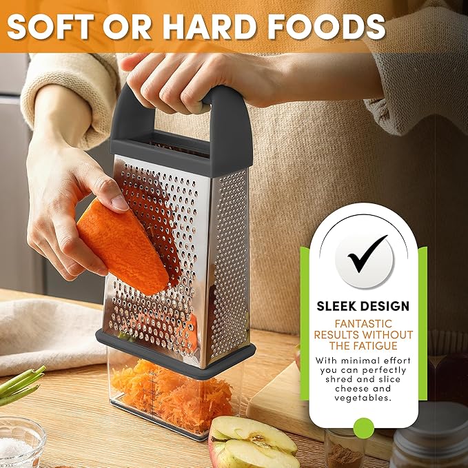 Spring Chef Professional Gray 10" Parmesan Cheese Grater With Container, Stainless Steel & Soft Grip Handle, 4 Sided Kitchen Carrot Shredder, Handheld Box Grater for Potato, Veggie, Ginger, Hashbrown