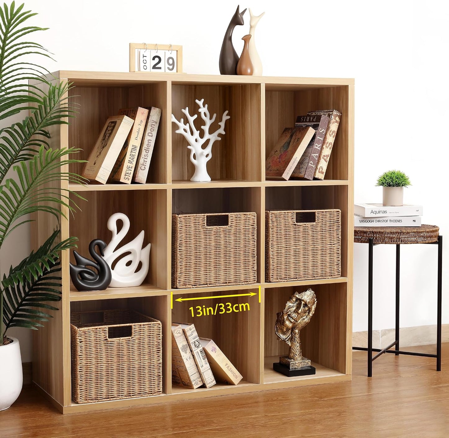 12X12X10in Plastic Wicker Storage Basket, Collapsible Wicker Cube Storage for Shelves, Woven Plastic Storage Basket for Pantry, Bedroom, Living Room, Bathroom, Shelves(Natural)