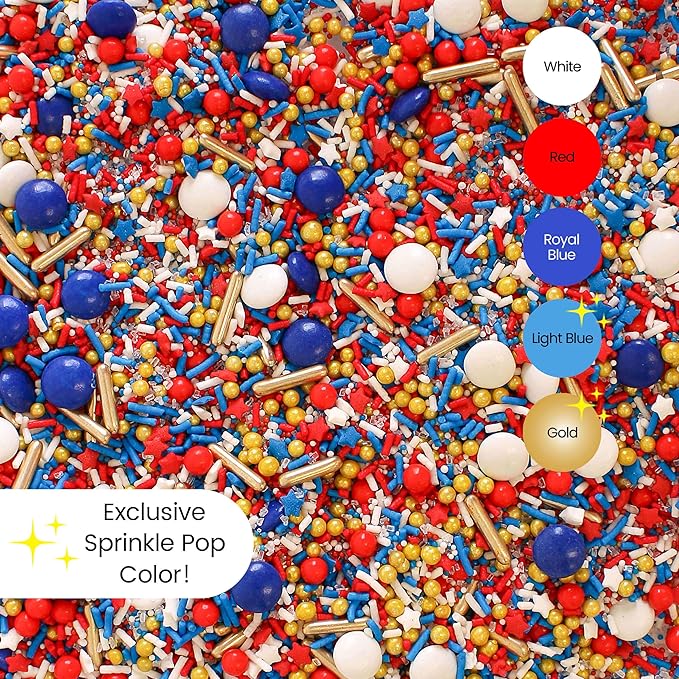 Sprinkle Pop Old Glory Sprinkle Mix| Red White Blue Sprinkles with Gold Metallics| Decorating Patriotic Sprinkles Made in USA for 4th of July Independence Day Cakes Cupcakes Donuts Cookies, 4oz