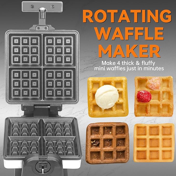 Baker's Friend Mini Waffle Maker Flip, Belgian Waffle Maker Thick, Rotating Waffle Maker with Browning Control, Waflera Electrica, Waffle Irons Non Stick Surface, With Recipe & Brush, Stainless Steel