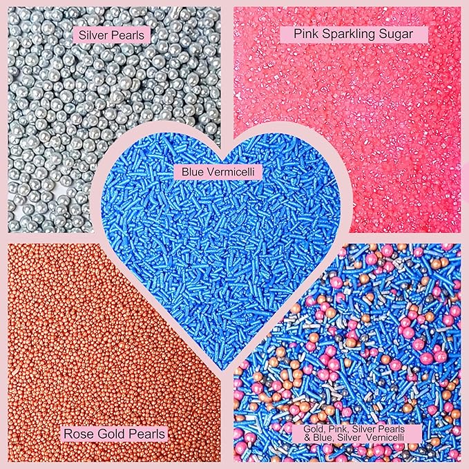 Confect Game Night Sprinkles – Mix with Copper & Silver Dragees, Bright Blue Jimmies, Rose Gold & Pink Sparkling Sugar | Vegan, Gluten-Free, Nut-Free, Soy-Free, Dairy-Free Cake & Cupcake Decorating Topping - 5oz