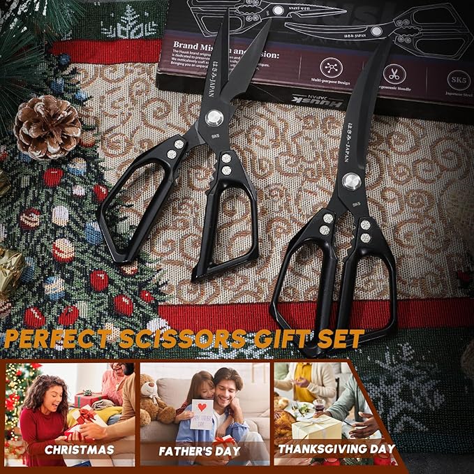 HUUSK Kitchen Scissors Set Black - Stainless Steel Kitchen Shears, Sharp Meat Scissors Dishwasher Safe, Heavy Duty Poultry Shears all Purpose, Japanese Cooking Scissor for Food, Chicken, and Turkey