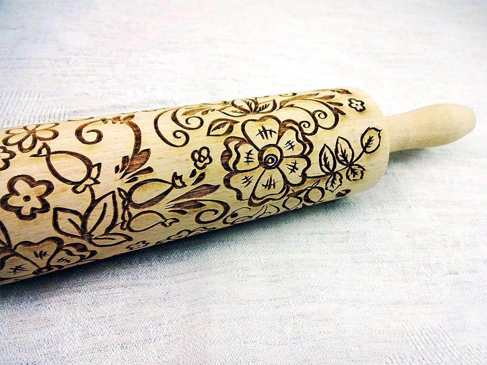 ROSEHIP FLOWERS EMBOSSING ROLLING PIN LASER ENGRAVED with ROSESHIP FLOWERS GIFT for MOTHER FRIEND