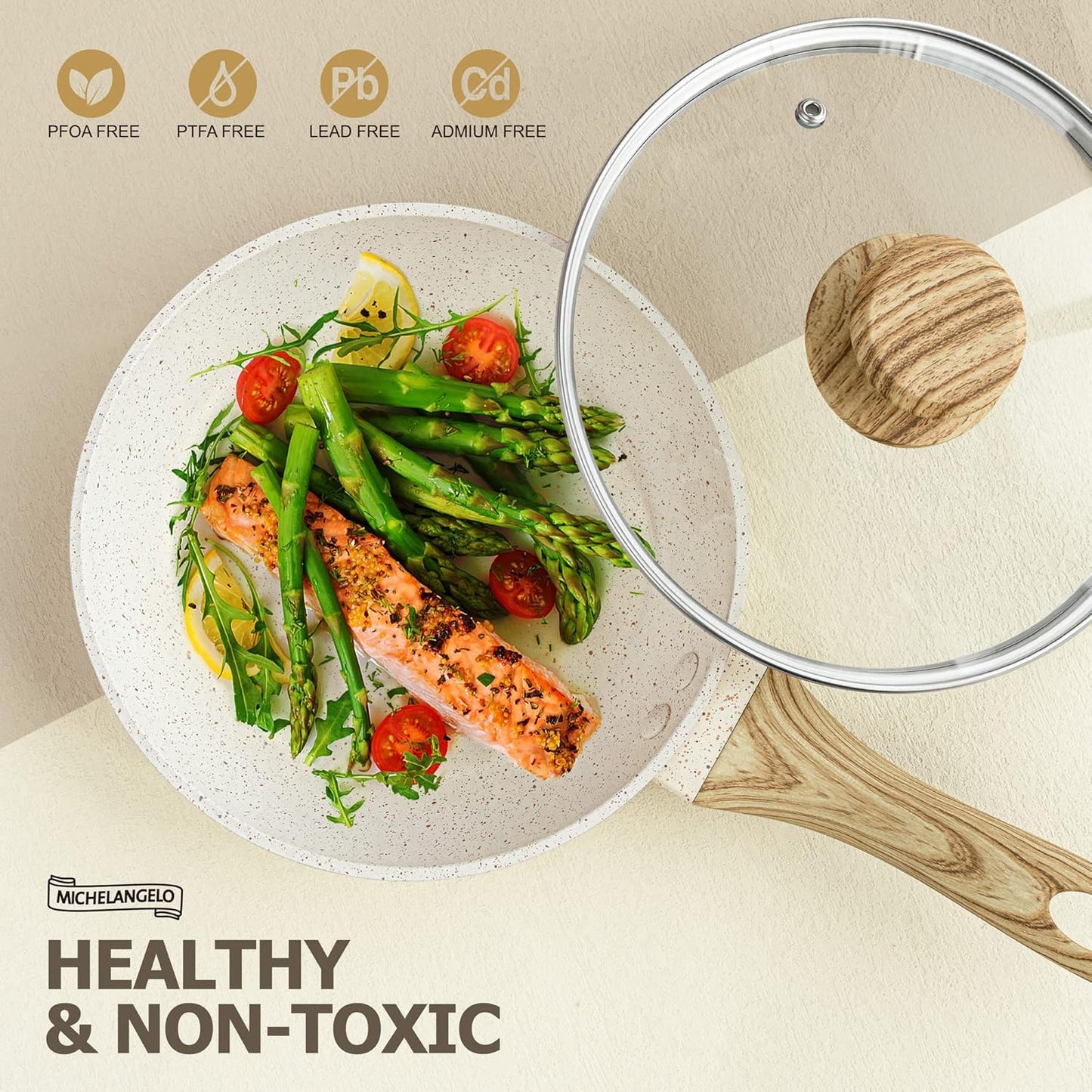 MICHELANGELO 10 Inch Nonstick Frying Pan with Lid, Non Stick Pan with Non-Toxic Coating, Granite Skillet with Anti-Scald Handle, Induction Compatible