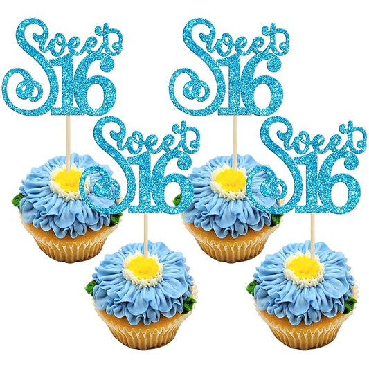 Gyufise 24 Pack 16th Birthday Cupcake Toppers Glitter Sixteen Happy Sweet 16 Cupcake Picks Cheers to 16 Years Old Cupcake Decorations for 16th Birthday Anniversary Party Supplies Light Blue