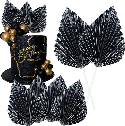 Gyufise 6Pcs Paper Palm Fan Cake Toppers Palm Spear Leaves Fan Cupcake Toppers Cake Insert Decorations Craft DIY Cake Bakeware Decoration for Birthday Party Wedding Party Decor Supplies Light Black