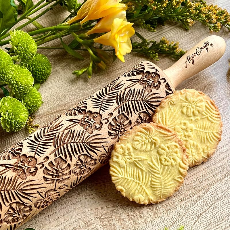 Embossing Rolling Pin RAINFOREST with Tropical Pattern. Dough roller for embossed cookies and Pottery by Algis Crafts