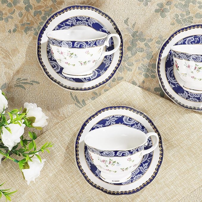 fanquare Bone China Tea Sets for Adults, 21-Piece Blue Lace and Roses Porcelain Tea Service with Sugar Bowl & Creamer, English Cremic Floral Teacups Set of 6 for Women Tea Party