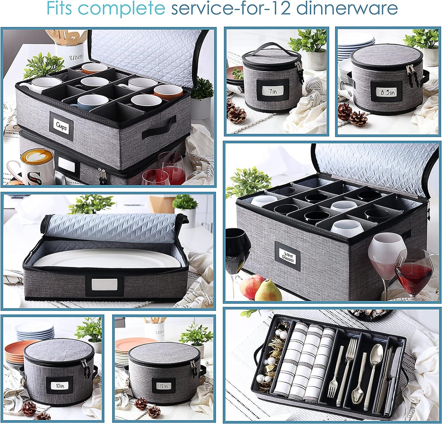 Fine China Storage Containers, 8 Piece Quilted Dish Storage Containers for Flatware & Utensil, Mug, Platter and Wine Glass with Felt Dividers, Durable Dinnerware Dish Organizers for Moving, Grey