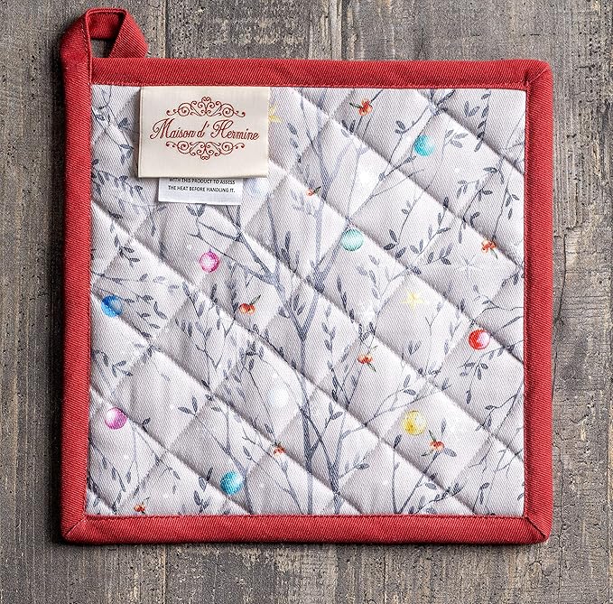 Maison d' Hermine Pot Holders 100% Cotton Heat Resistant Potholders 8" x 8" Hot Pads with Loop BBQ, Cooking, Baking, Grilling, Kitchen, Handling Hot Pans (Pack of 1, Fairy Christmas)