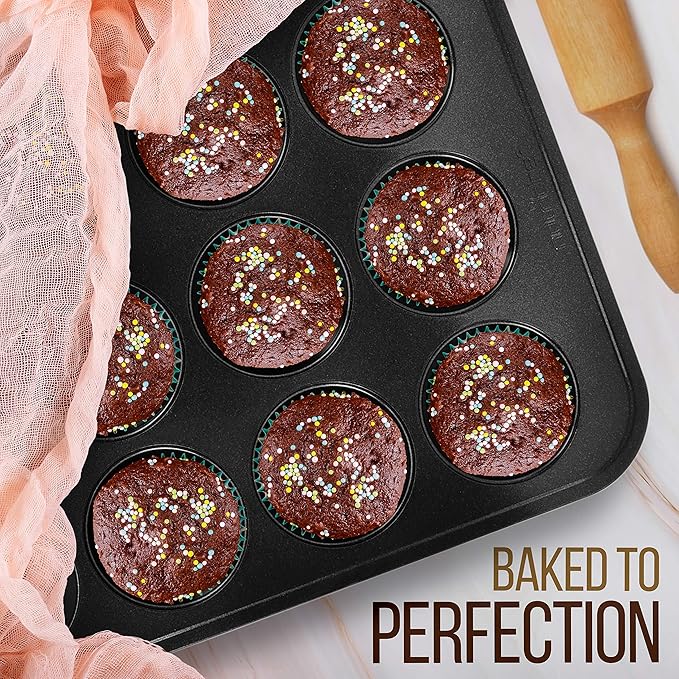 NutriChef Stackable Non-Stick Baking Pan Set – Carbon Steel Bakeware Set w/ Cookie Sheet, Muffin & Loaf Pan, Double Coated for Easy Release, Oven & Dishwasher Safe, Resists Warping, – Easy to Clean