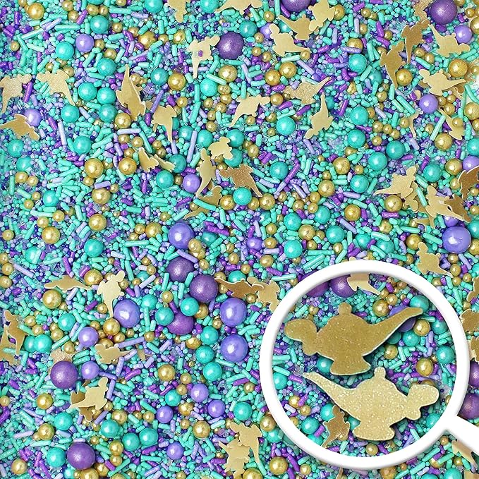 Sprinkle Pop Arabian Princess Sprinkles Mix| Aqua Lavender Purple Sprinkles with ~10 Genie Bottle Toppers and Gold Dragees| Girl Birthday Decorating Sprinkles Made in USA for Cake Cookie Cupcakes, 2oz