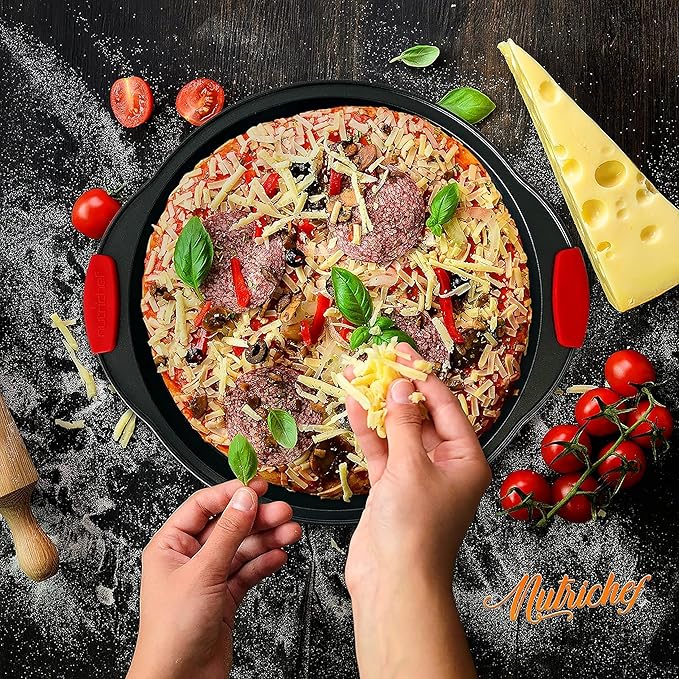 NutriChef 13-Inch Nonstick Pizza Tray - Round Carbon Steel Non-Stick Pizza Baking Pan with Perforated Holes, Premium Bakeware Pizza Screen with Silicone Grip Handles, Dishwasher Safe - NCBPIZ1