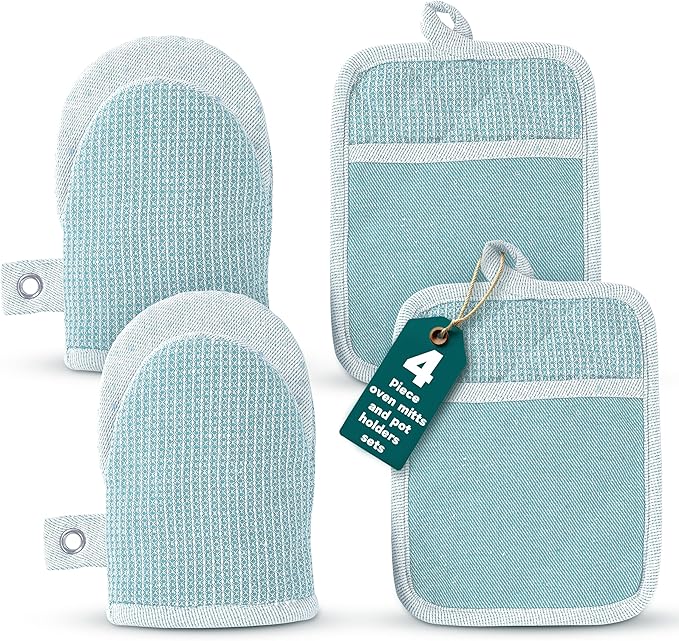 Casa Platino Silicone Oven Mitts & Pot Holders, 4-Piece – Oven Mitt for Baking & BBQ, Pot Holders for Kitchen, Hot Dishes & Microwave – Heat Resistant Up to 500°F, Non-Slip & Machine Washable – Aqua