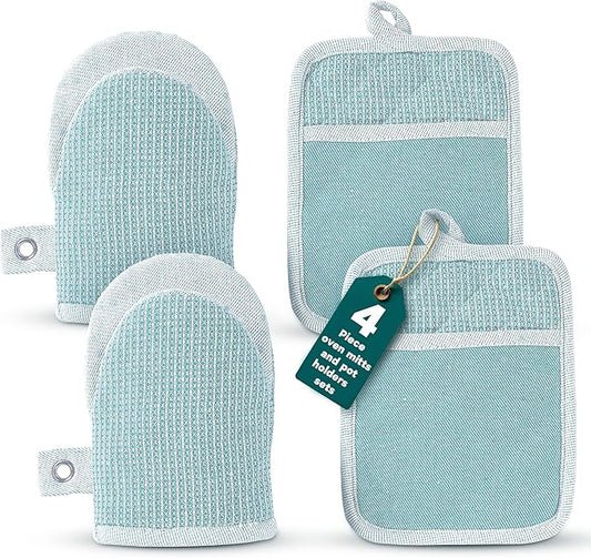 Casa Platino Silicone Oven Mitts & Pot Holders, 4-Piece – Oven Mitt for Baking & BBQ, Pot Holders for Kitchen, Hot Dishes & Microwave – Heat Resistant Up to 500°F, Non-Slip & Machine Washable – Aqua