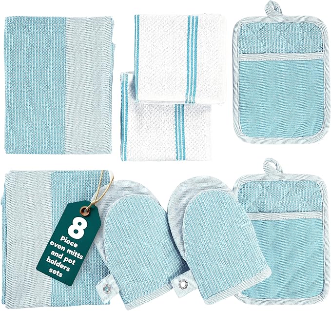 Casa Platino Oven Mitts and Pot Holders Sets, 8-Piece – 500°F Heat Resistant Mini Oven Mitts with Silicone Grip, Potholders for Kitchens, 2 Kitchen Towels & 2 Dish Cloths – Non-Slip & Durable – Aqua