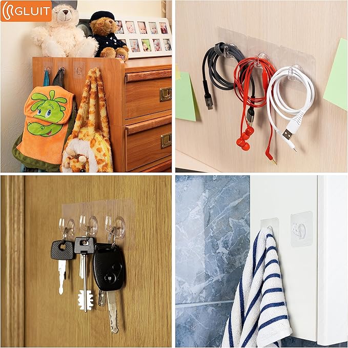 GLUIT Adhesive Plastic Clear Hooks Transparent Utility Hook for The Drill-Free Wall (20 Small Hooks)