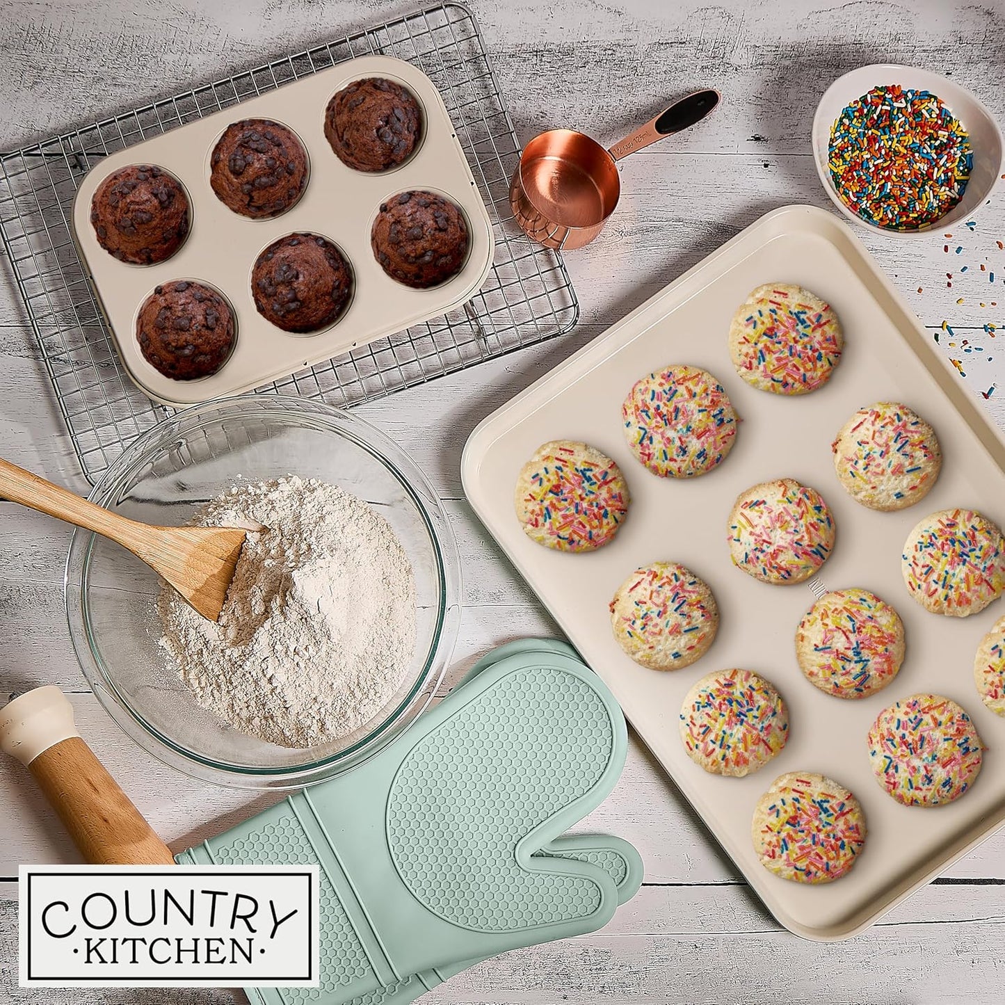 Country Kitchen Nonstick Stackable Bakeware Set - Deluxe Heavy Duty, Durable, Easy Release Baking Set, Sage, 13 Pcs with Handles