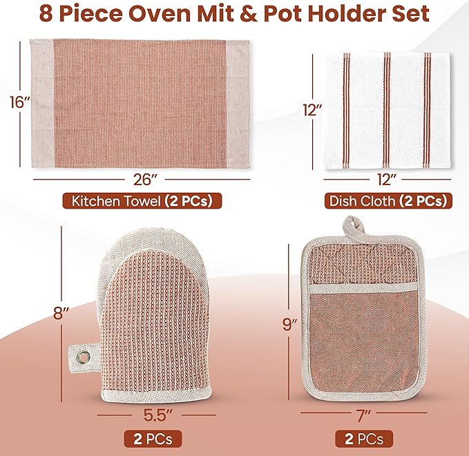 Casa Platino Potholders for Kitchens, 8-Piece – 500°F Heat Resistant Oven Mitts and Pot Holders, Mini Oven Mitts with Silicone Grip, 2 Kitchen Towels & 2 Dish Cloths – Durable & Non-Slip – Canyon Rose
