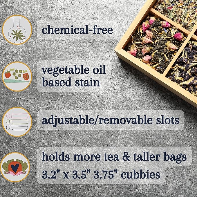 Bamboo Tea Organizer Box Chemical Free Eco-Friendly Big, Tall, Adjustable Cubbies Natural Wooden Storage Chest (4-Slot Square 7.4" x 8.1" x 4.2")