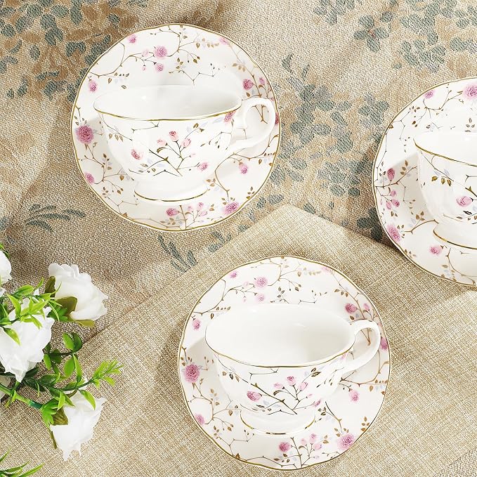 fanquare 21-Piece Gold Vine Floral Porcelain Tea Sets with Sugar Bowl Creamer Teacups, English Bone China Tea Service for Women TeaParty Family Gathering Home Décor