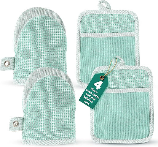 Casa Platino Heat Resistant Oven Mitts & Pot Holders, 4-Piece – Oven Mitt for Baking & BBQ, Potholders for Kitchens – Withstands Heat Up to 500°F, Soft, Durable & Non-Slip – Sage