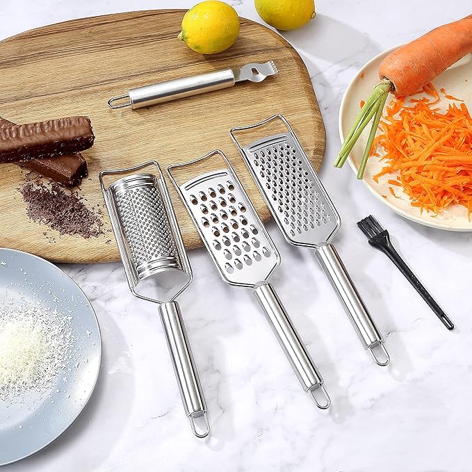 Tongjude Stainless Steel Cheese Grater Set, Set of 5 Kitchen Grater & Peeler & Slicer, Lemon Zester with Cleaning Brush for Vegetable, Fruit, Chocolate