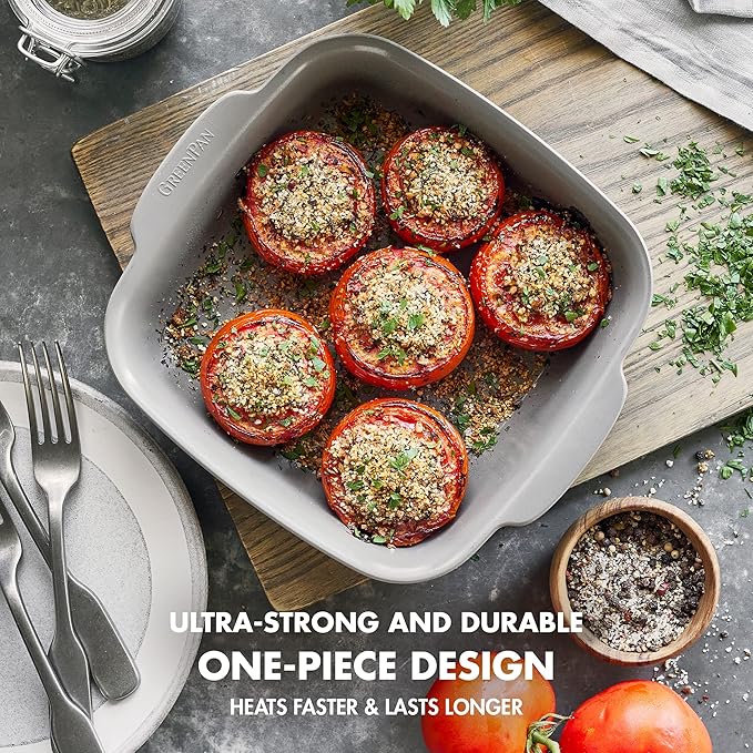 GreenPan Premiere Ovenware Healthy Ceramic Nonstick 8" Square Cake Baking Pan, Cast Aluminum Bakeware, Warp-Free, Oven and Broiler safe to 600F, Dishwasher Safe, PFAS-Free, Gray